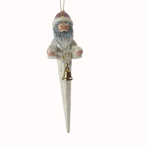 Vintage Whimsical Santa Claus Icicle Wood Ornament With Glitter and Bell - Picture 1 of 3